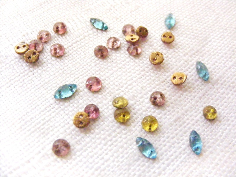 Antique 1920's French Gold Foil Backed Glass Doll Bebe Baby Button's Lot of 15 Pink Blue Chartreuse