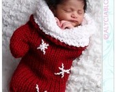 Knit Crochet Newborn Baby Mitten Cocoon or Christmas Stocking Red  Snowflakes Photo Prop