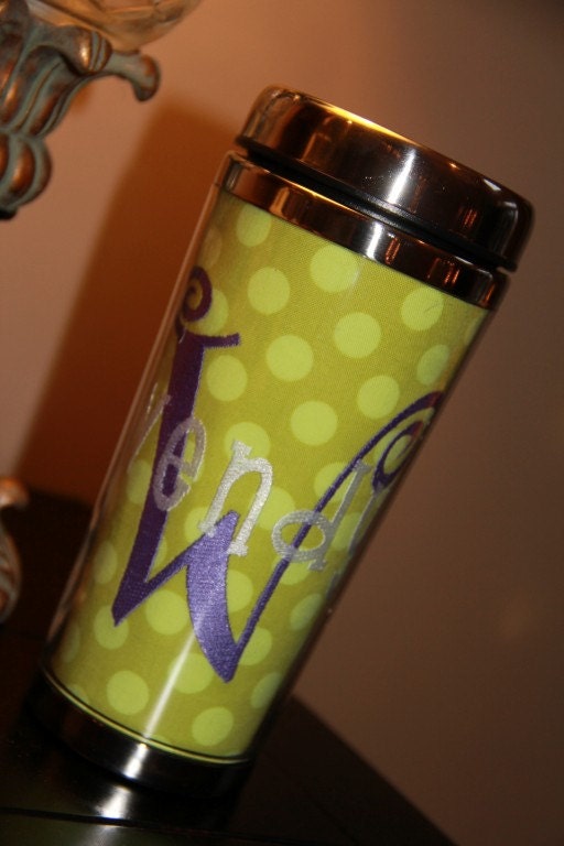Personalized Embroidered Coffee Mug Travel Beverage Tumbler Stainless Steel LAYERED LIME GREEN polka dot