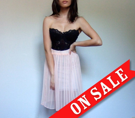 Sheer Pleated Skirt Pale Peach Pastel Fashion 90s Knee Length See Through - Extra Small XS/ S