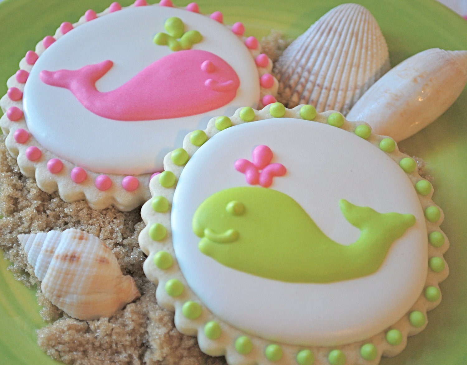 Preppy Pink & Green Whales Decorated Sugar Cookies (12)
