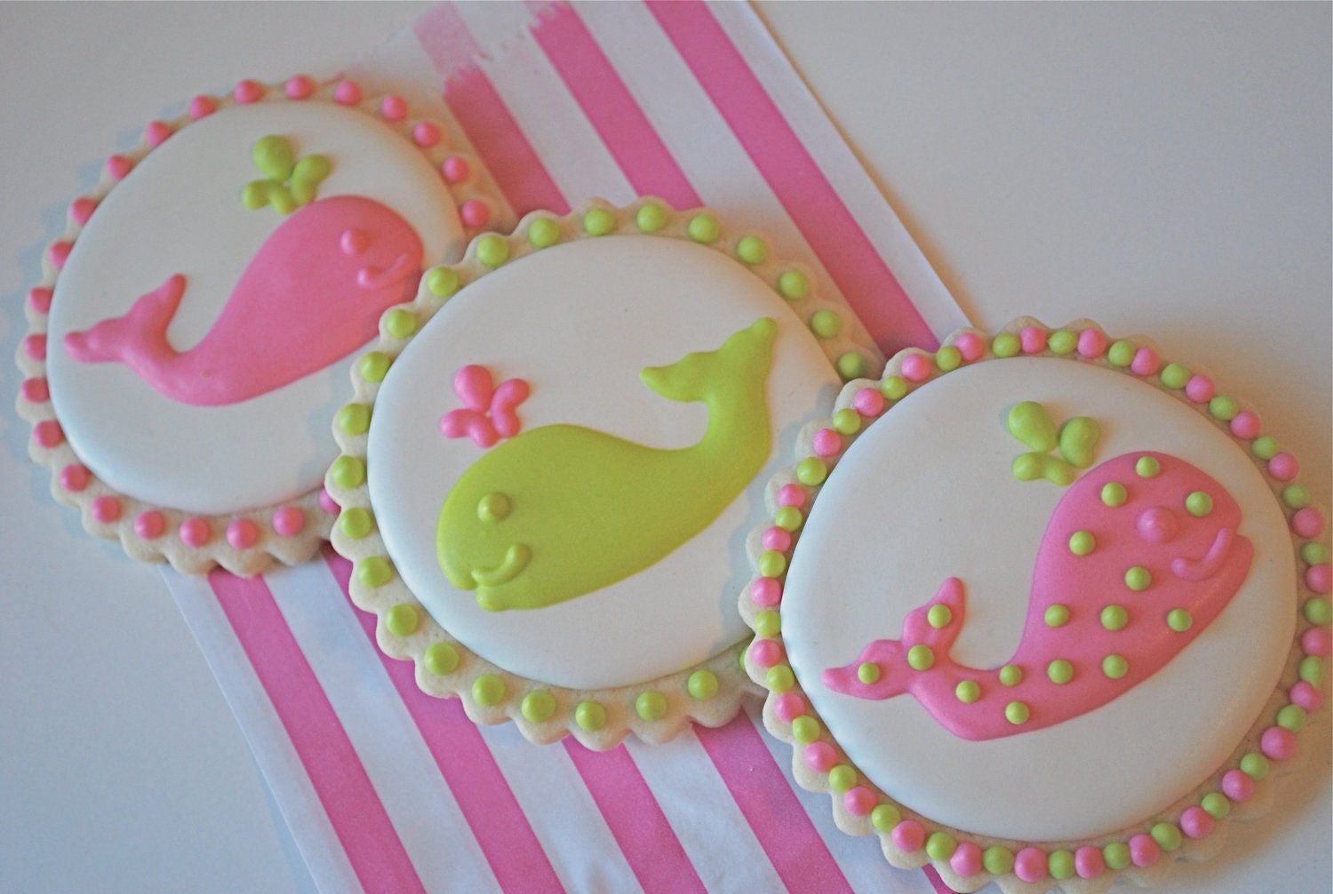 Preppy Pink & Green Whales Decorated Sugar Cookies (12)