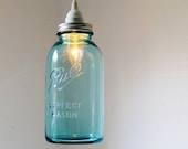 HALF GALLON BLUE Antique Ball Perfect Mason Jar Hanging Pendant Lighting Fixture - Upcycled BootsNGus Lamp Design - Vintage Home Decor