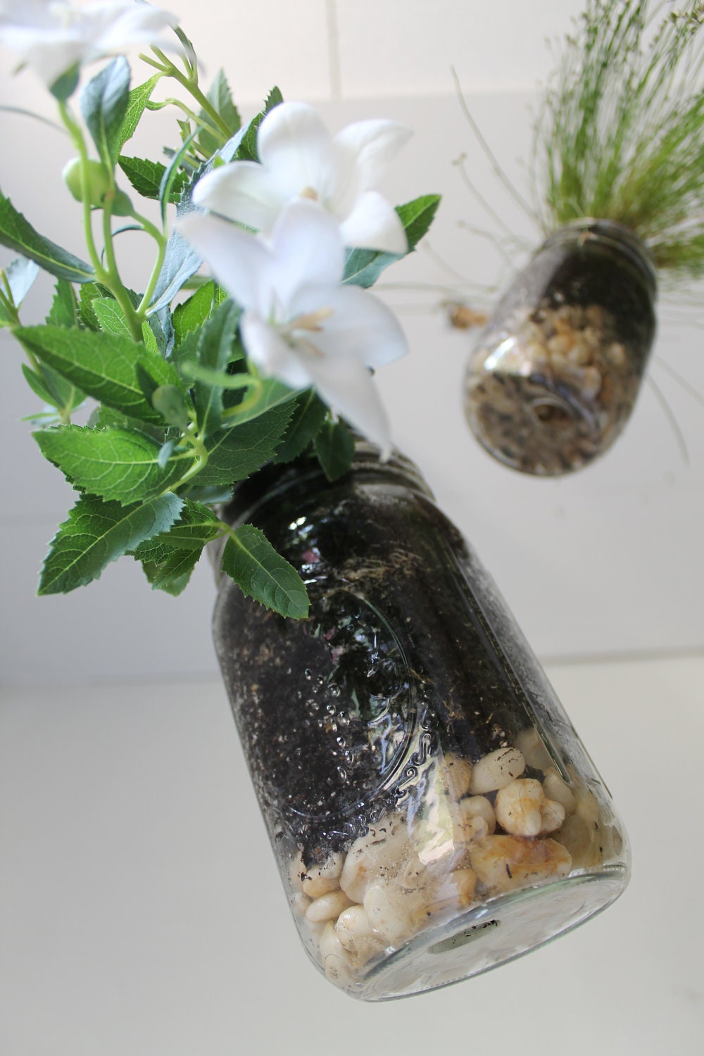 Set of 2 Hanging Mason Jar Planters with drainage - Upcycled home & garden decor - Quart and Pint Ball Jars BootsNGus design