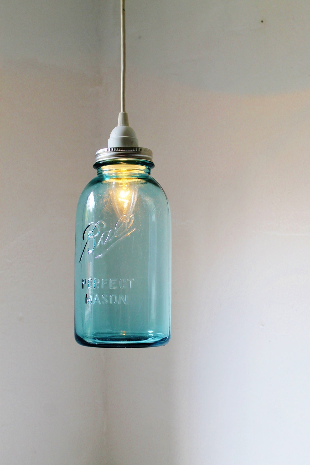 HALF GALLON BLUE Antique Ball Perfect Mason Jar Hanging Pendant Lighting Fixture - Upcycled BootsNGus Lamp Design - Vintage Home Decor