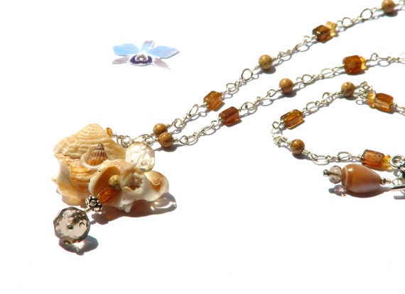Tourmaline, citrine, smoky quartz, jasper and seashell necklace, multi color gemstone and shell necklace, sterling silver, One With the Sea
