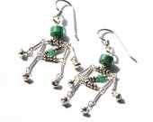 Geeky robot dangle earrings- turquoise emerald robot birthstone earrings- green gemstone science earrings- sterling- geek chic- Manuel Bot