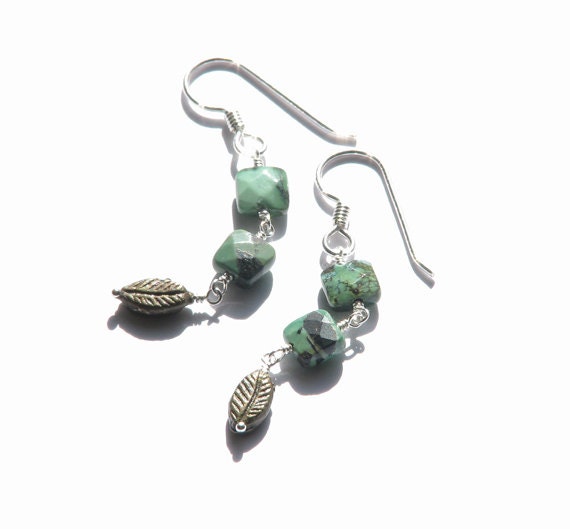 Woodland turquoise long dangle earrings- rustic blue green gemstone earrings- sterling silver- leaves- fall- Robert Frost- Road Not Taken