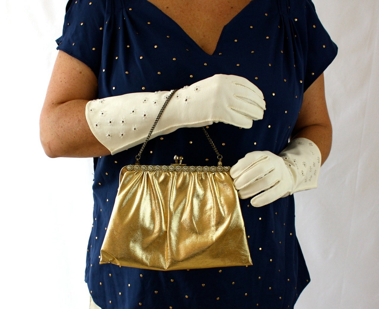 Vintage 60s Party Handbag Clutch Gold Faux Leather w Sparkling Rhinestone Flowers