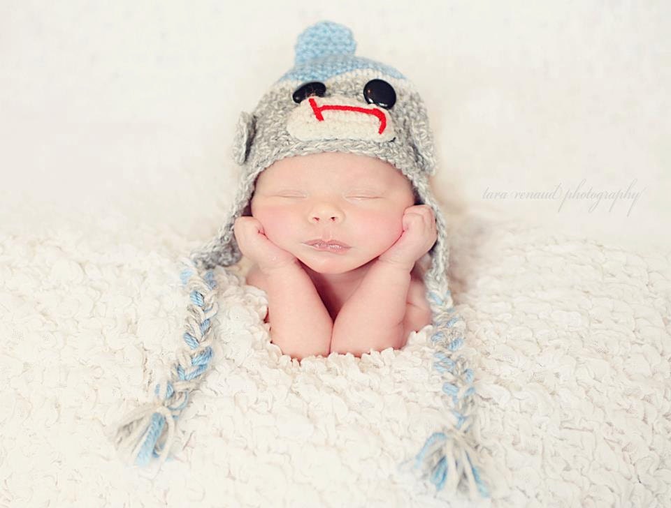 Boy Sock Monkey Earflap Hat Crochet Pattern Size Infants to Adults  and matching booties for babies onlyPDF 410