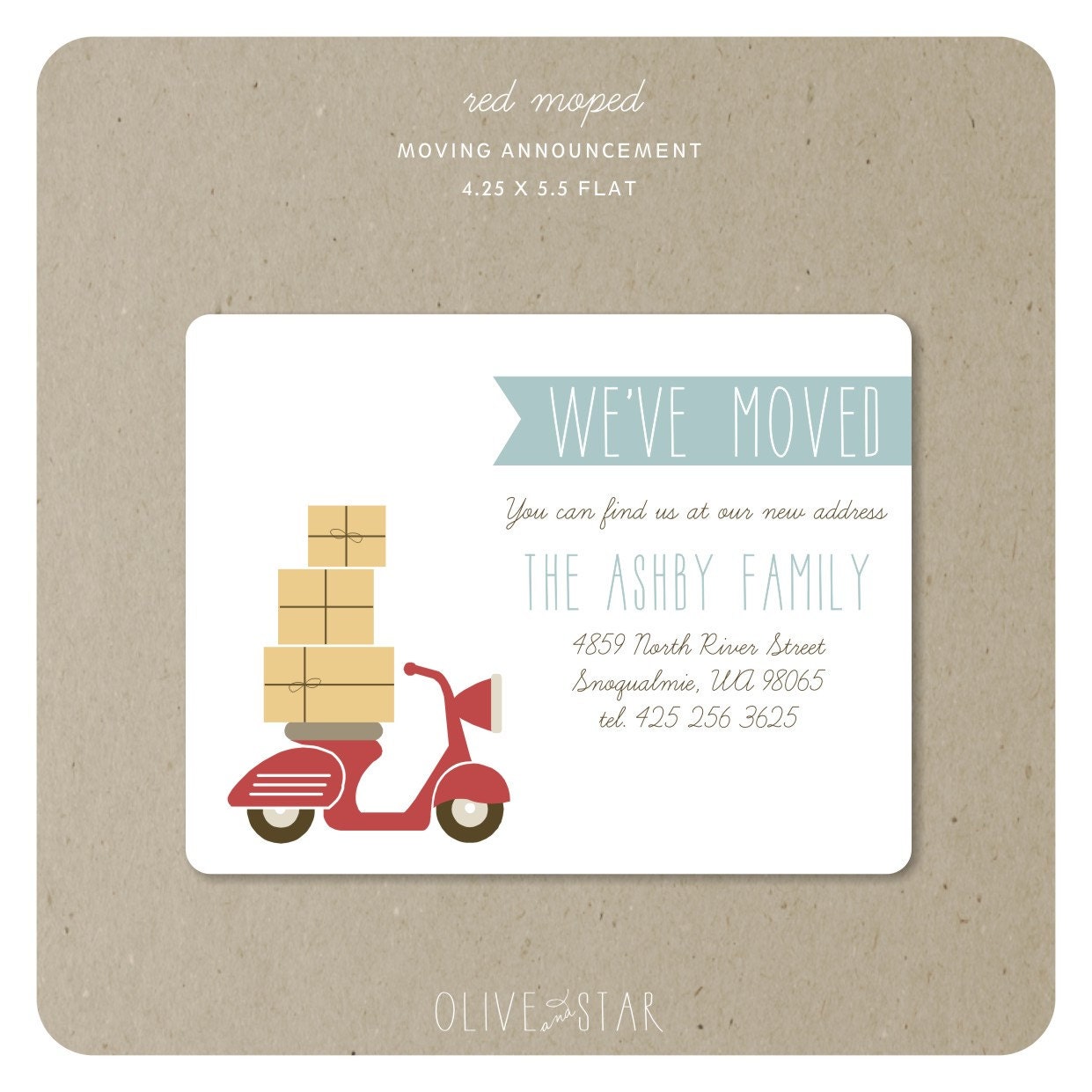 red moped . moving announcement set