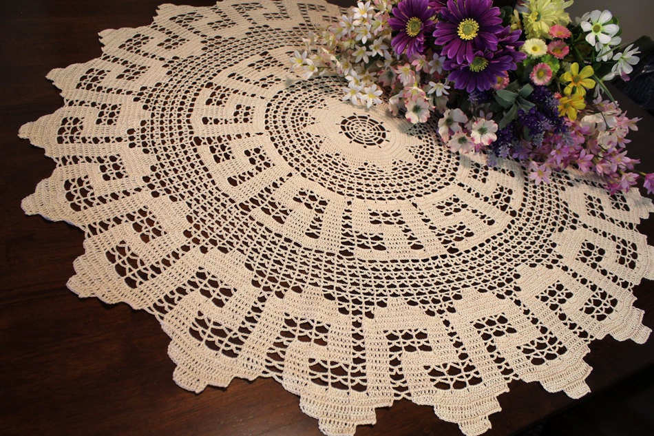 Lovely Tan  Crochet Round Tablecloth