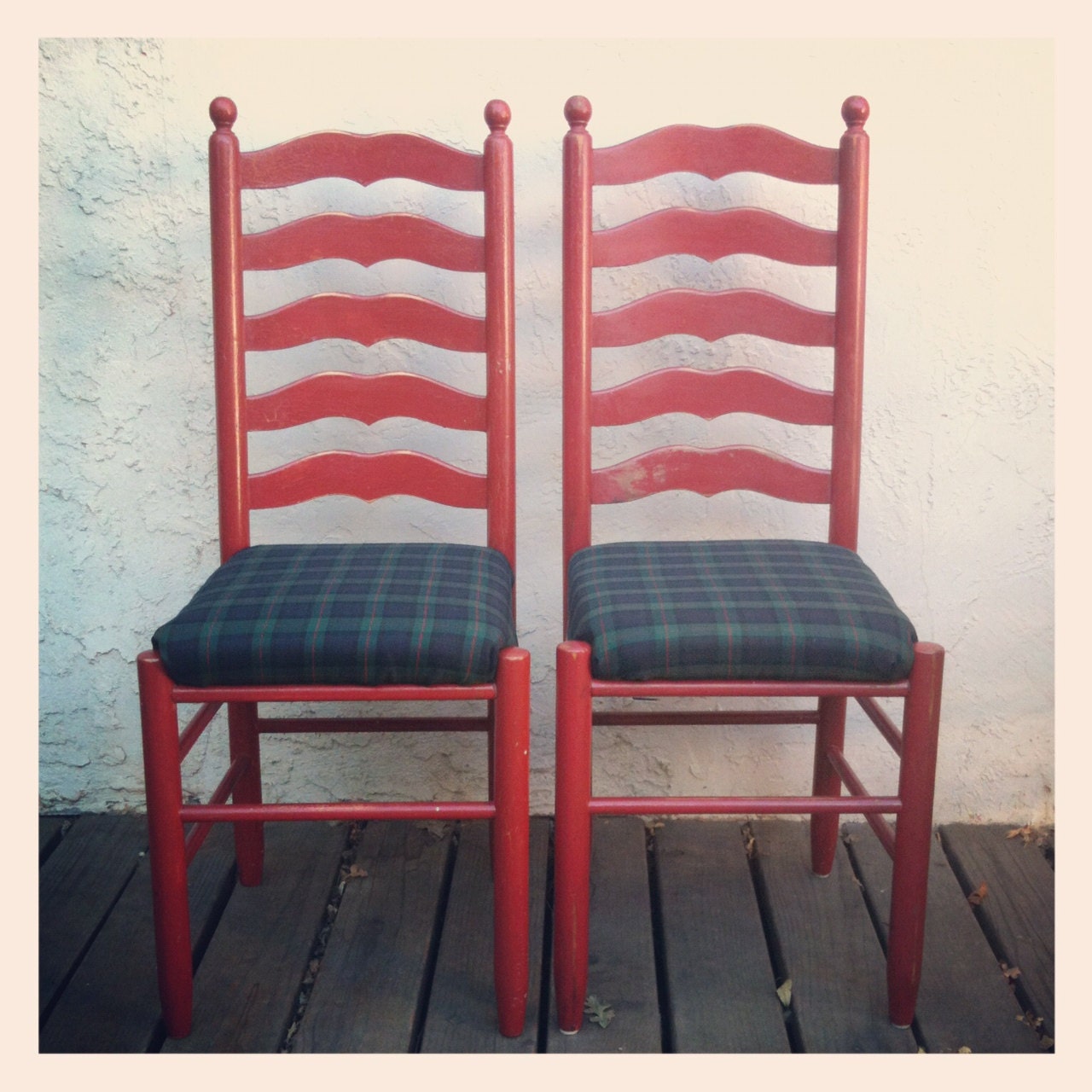 Pair of Vintage Dusty Red Ladder Back Chairs with Plaid Seats