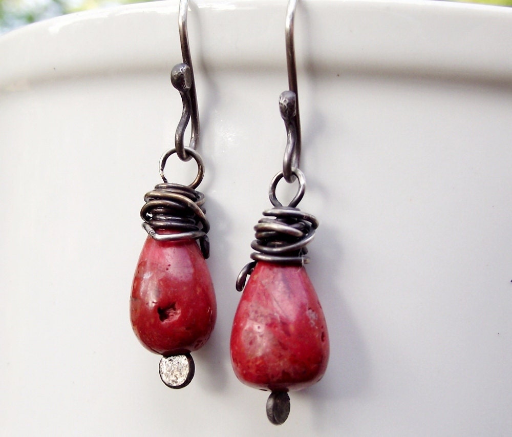 Rustic Coral Dangle Earrings Sterling Silver Oxidized Deep Red Drops- Wire Wrapped