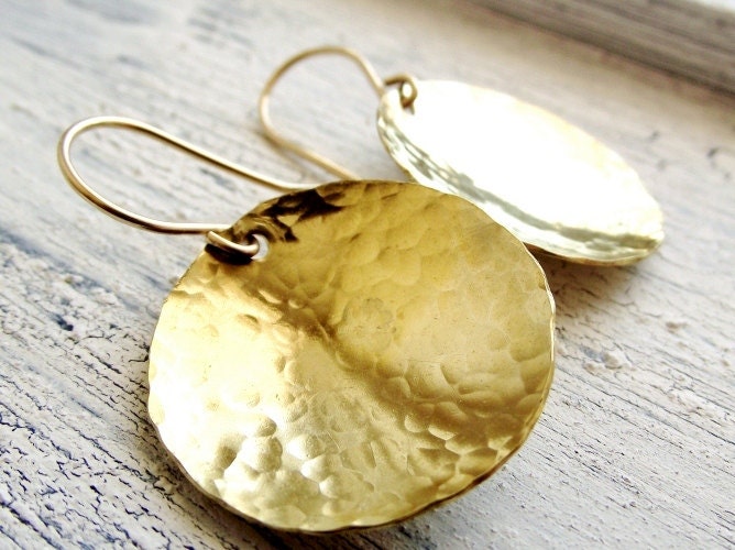 Hammered Brass Earrings Mixed Metal Round Golden Brass Dangles Gold filled Hooks