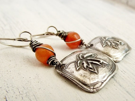 Leaf Dangle Earrings Orange Jade Fine Silver Earrings Metal Clay
