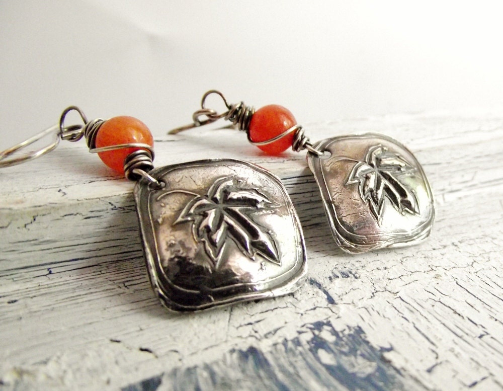 Leaf Dangle Earrings Orange Jade Fine Silver Earrings Metal Clay