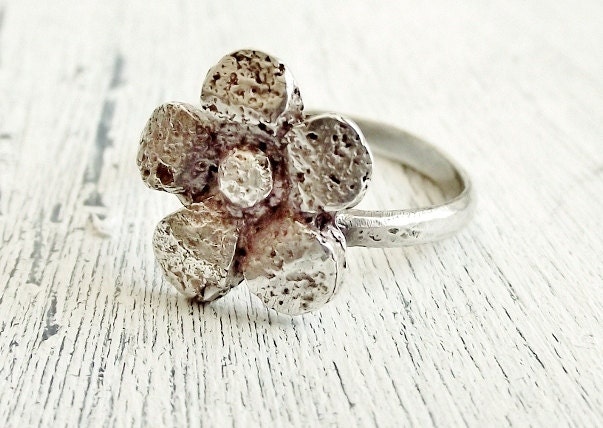 Sterling Silver Ring Rustic Primitive Flower Ring Custom Made Metal Clay Fine Silver Jewelry