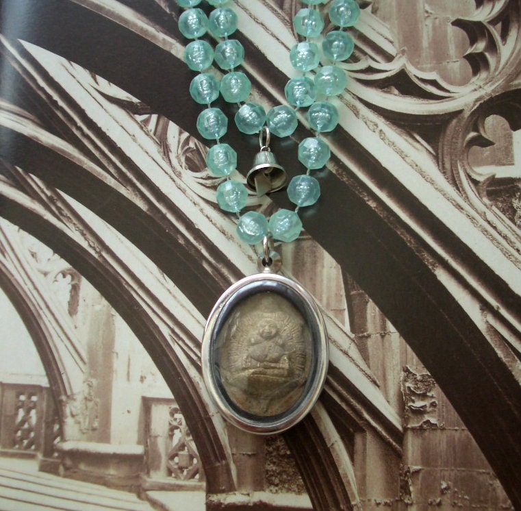 Buddha Pendant, Seafoam Green / Blue, Buddhist Amulet, Natural Clay, Extra Long Necklace, Vintage Beads, Silver Prayer Bell, Free Shipping