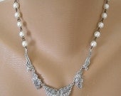 Marcasite Pearl Necklace Bridal Vintage Wedding Handmade White Pearls Silver Upcycled Repurposed