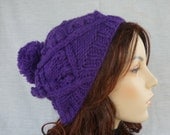 Hand Knit Women Beanie with Pom-pom chunky yarn in dark orchid/purple/dark purple