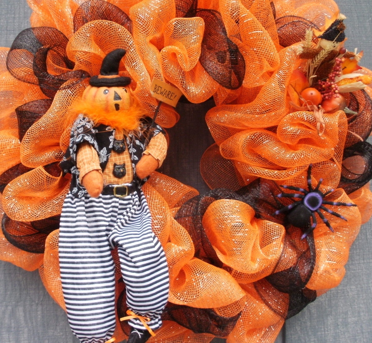 Pumpkin Head Orange and Black Deco Mesh Wreath by Silk N Lights Designs