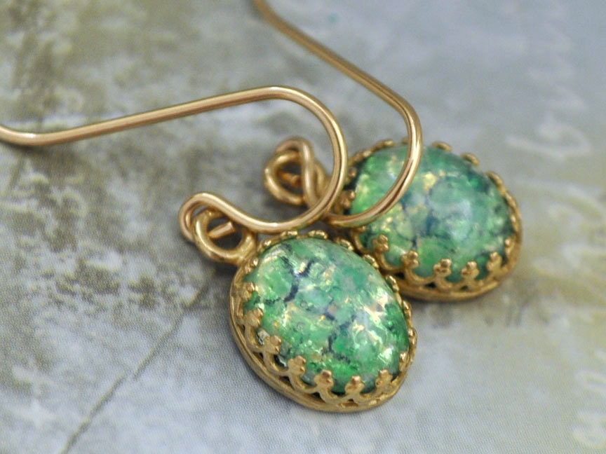 GREEN OPAL vintage green glass cab earrings gold filled