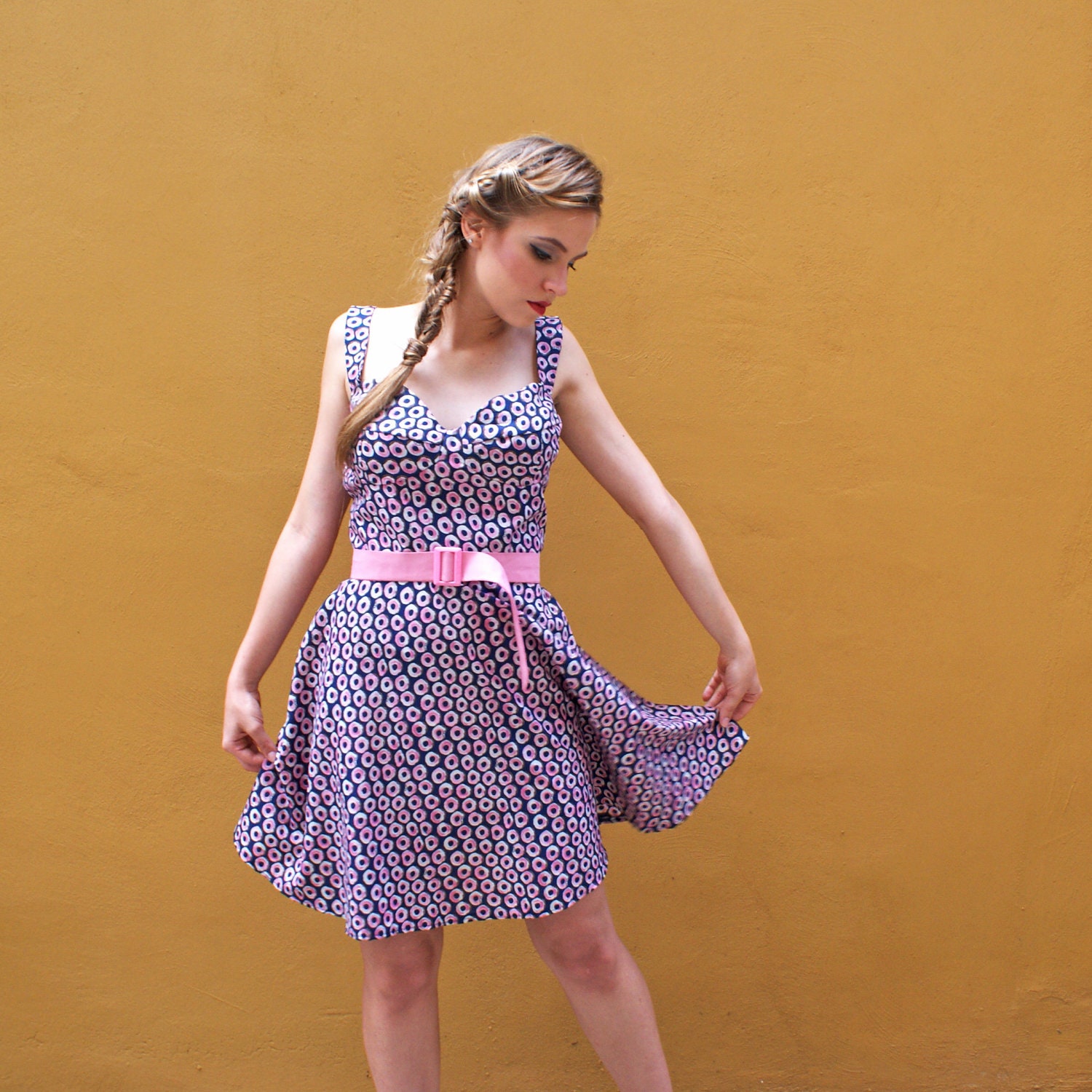 Bustier Dress Navy and Pink Donut Print FINAL SALE