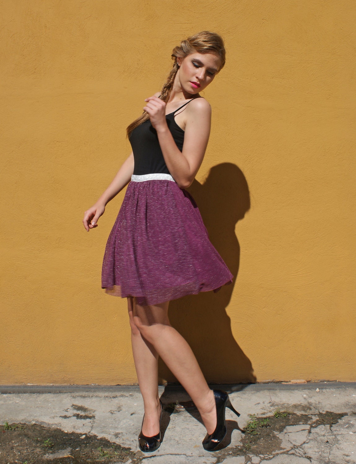 Full Skirt in Burgundy and Silver Mesh Roller Disco Style FINAL SALE