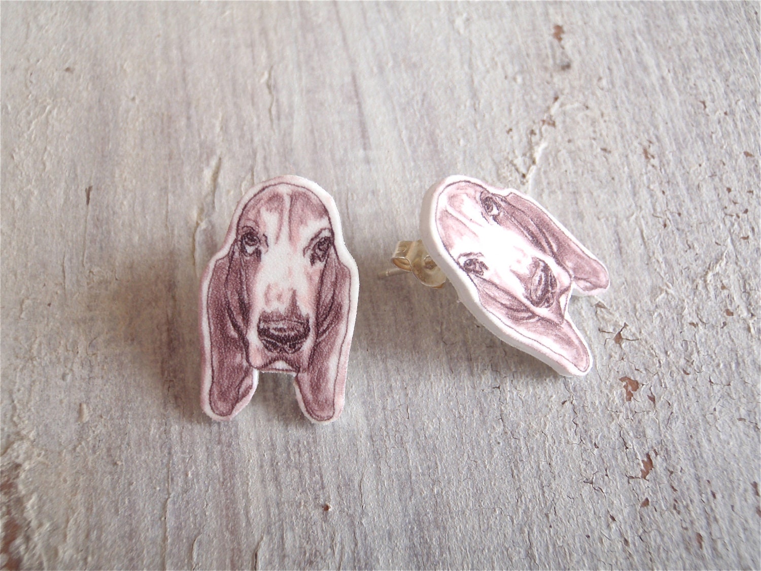 Basset Hound dog stud earrings, droopy eared dog shrink plastic jewelry.