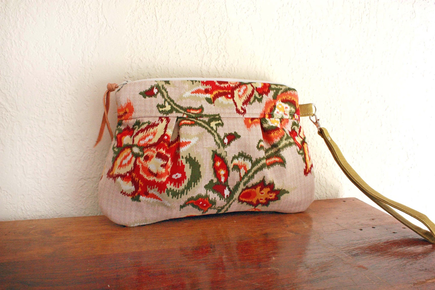 Save 10% w/ promo code--Kitt Wristlet/ Pouch/ Makeup bag/ Wallet in Floral IKAT Cotton Print --Ready to Ship--