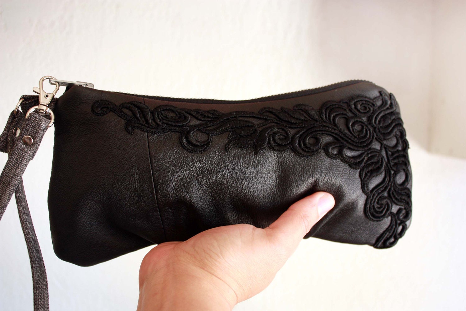 Elsa Bagette style wristlet/ pouch/ makeup bag in Upcycled Leather & Lace- Ready to Ship--Save 10% w/ Code SAVE10