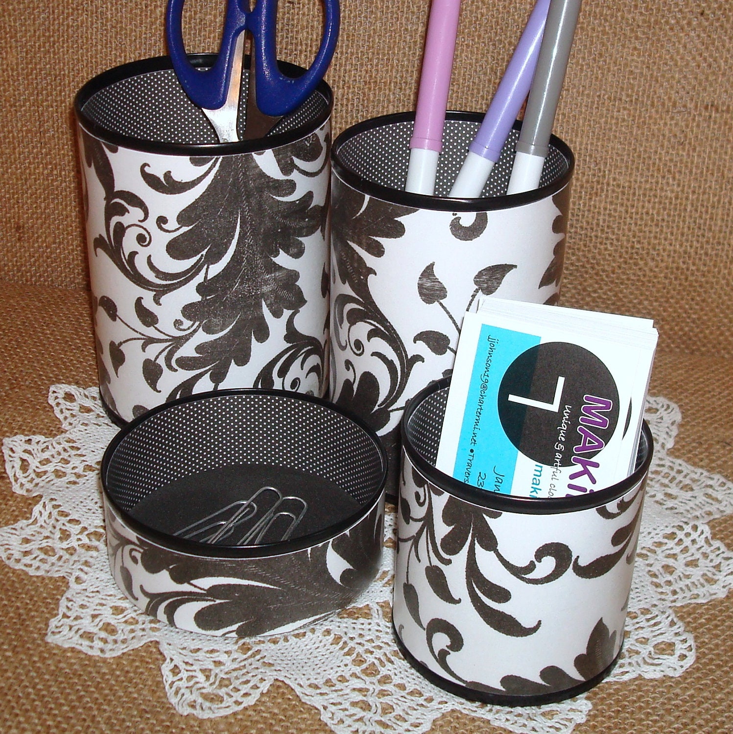 Pencil Cups Black and White Leafy Pattern and Polka Dot Pencil Holder Desk Accessory Set No. 204