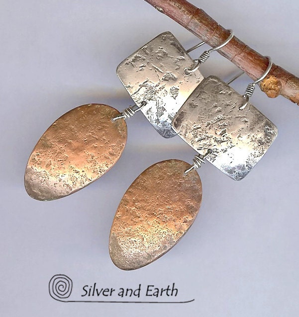Modern Mixed Metal Earrings, Hammered Organic Texture, Sterling Silver & Copper Earrings, Artisan Jewelry, Mixed Metal Jewelry Handmade