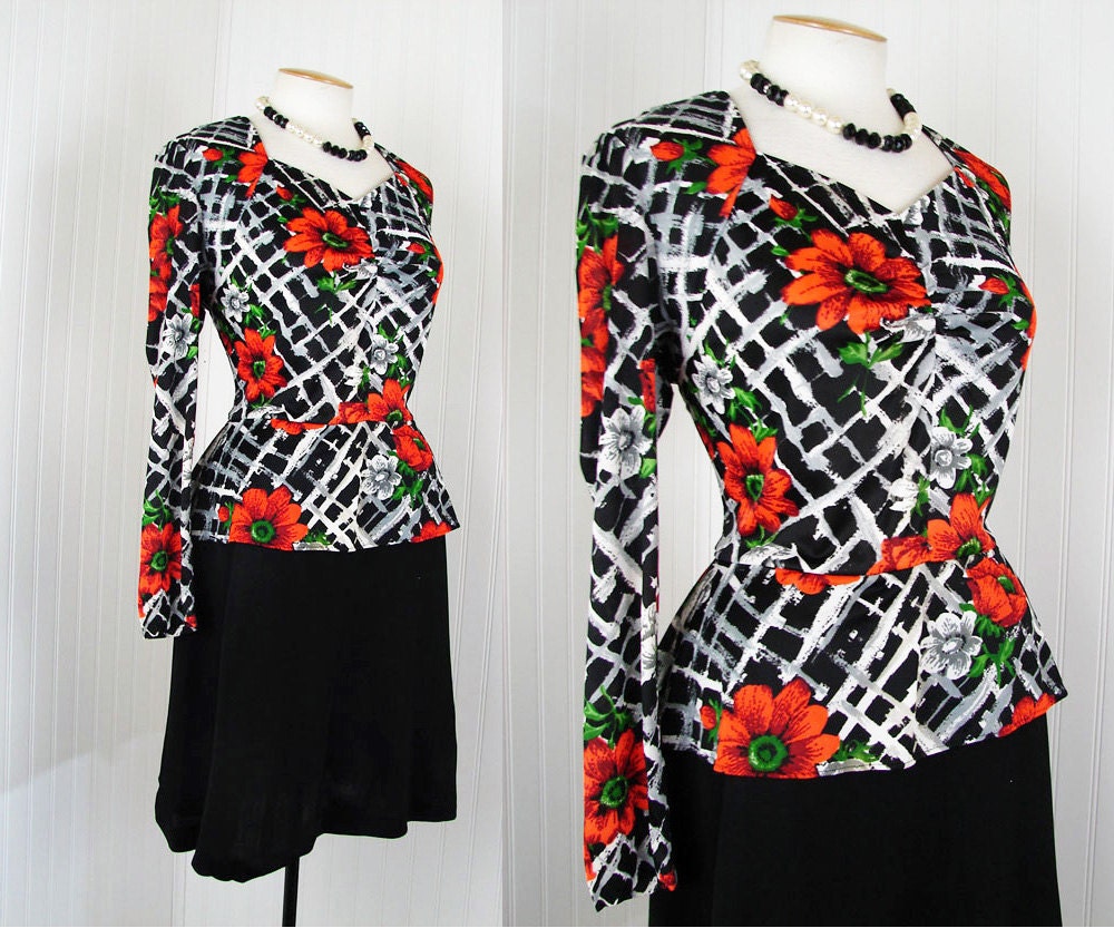 1970s 1940s Dress - Vintage BEST 70s 40s Dress Black White Red Floral Deco Jersey Peplum Swing - Opium Poppy