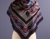 80s Large Boho Scarf / Floral Print Scarf in Stormy Gray