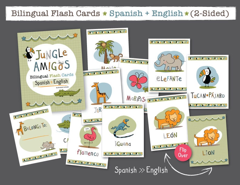 Spanish Jungle Animal Flash Cards (Flip side English)