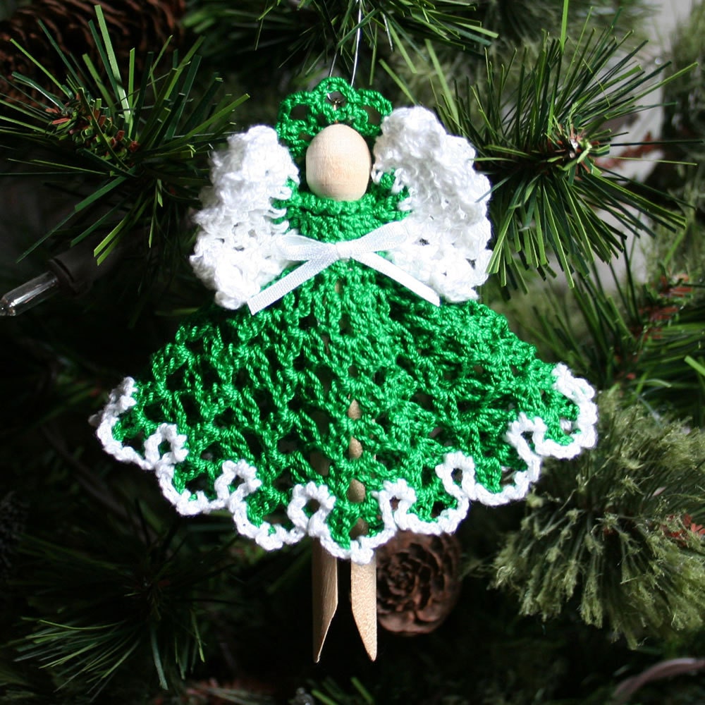 Crocheted Angel Holiday Christmas Tree Ornament - Gladys in Christmas Green - Free Shipping