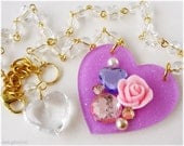 Lavender Heart Choker Necklace, Blinged Acrylic Pendant, Gold Plated - Gyaru Jewelry, Decoden