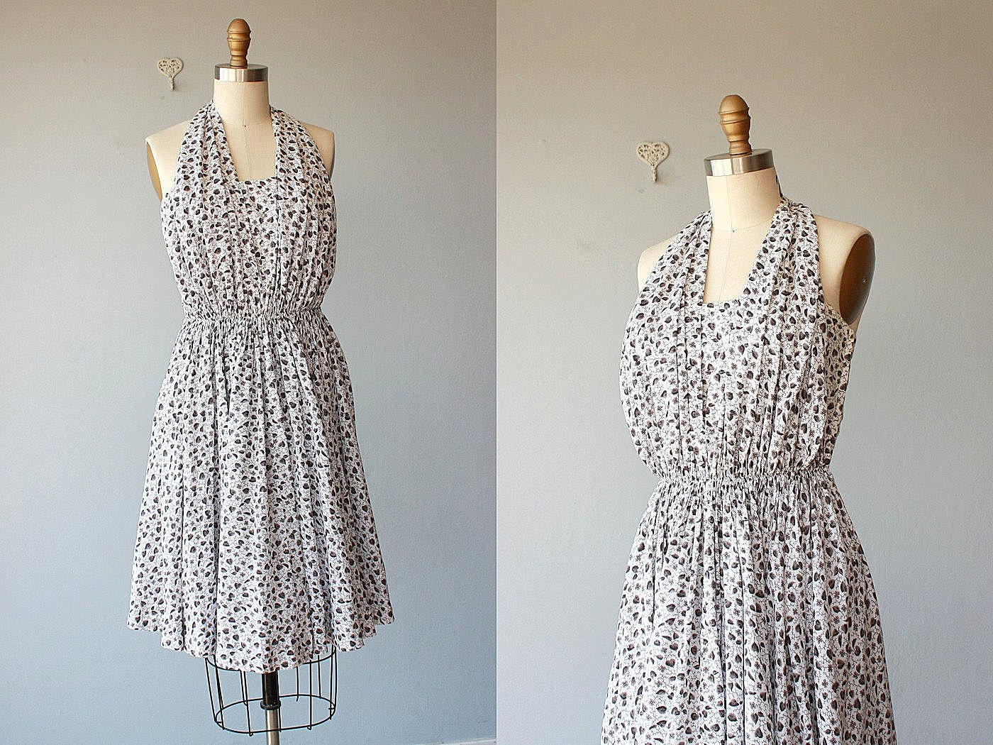 50s dress / 1950s dress / party dress / halter dress / floral cotton dress / leaf print dress / bombshell - size small