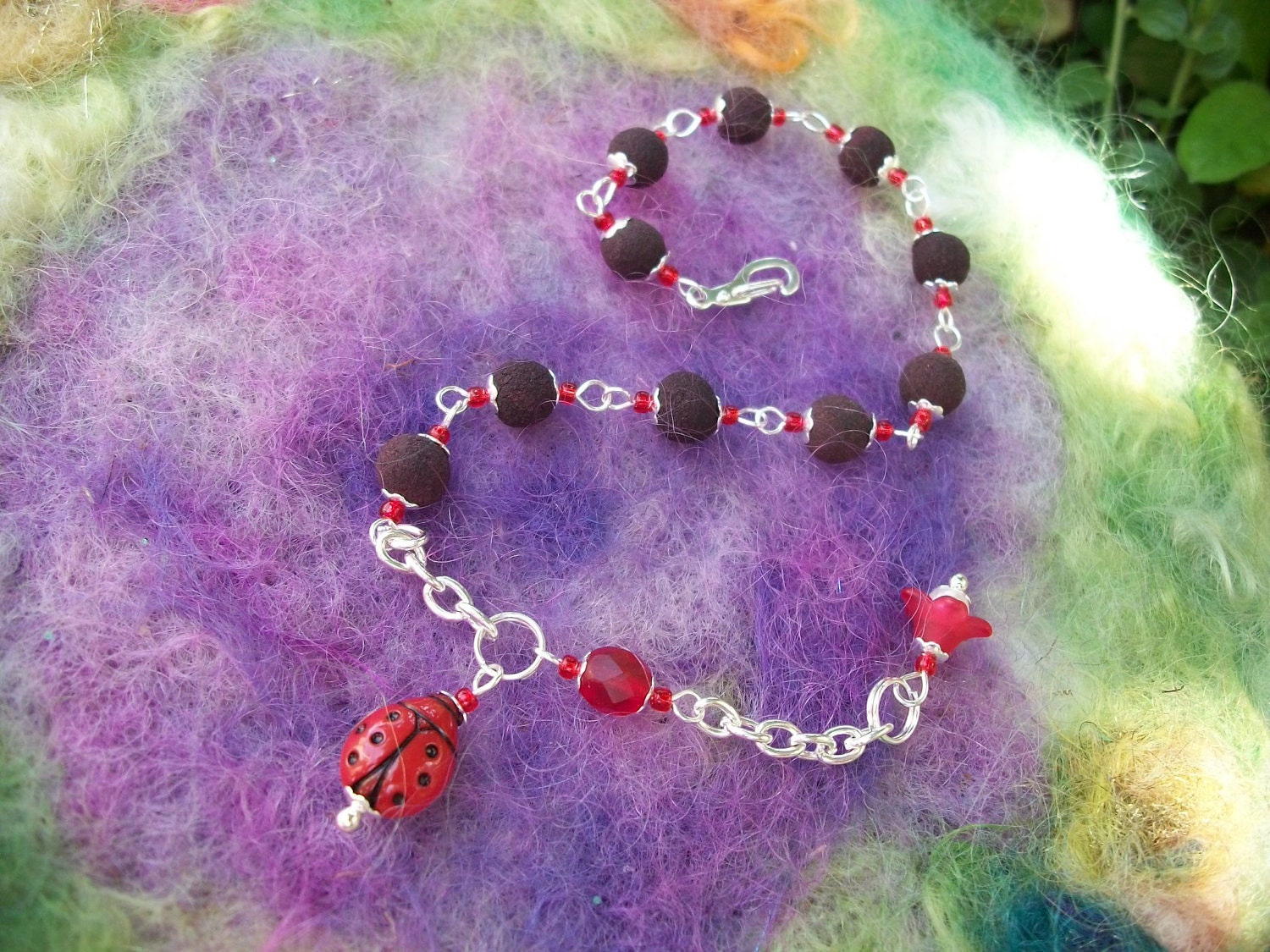 Ladybug Bracelet with Rose Petal Beads