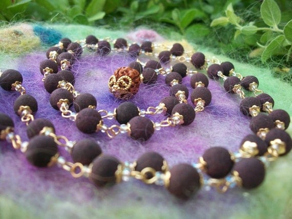 Mala Beads, Handmade Rose Petal Beads with Rudraksha Guru Bead