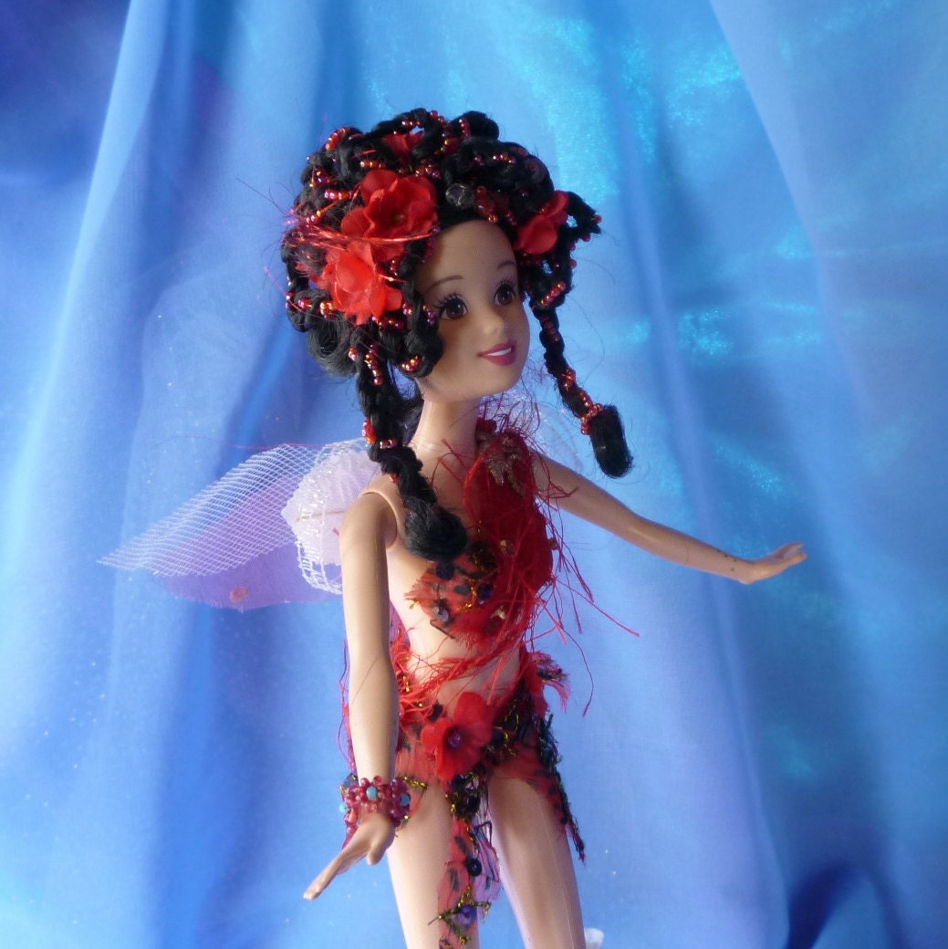 Red Beaded Fairy Art Doll by mystic2awesome