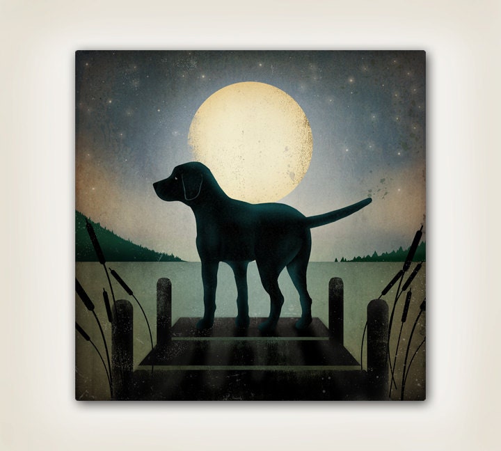 MADE TO ORDER Moonrise Dock Dog  Stretched Canvas Wall Art 20x20x1.5 Signed Ready to Hang
