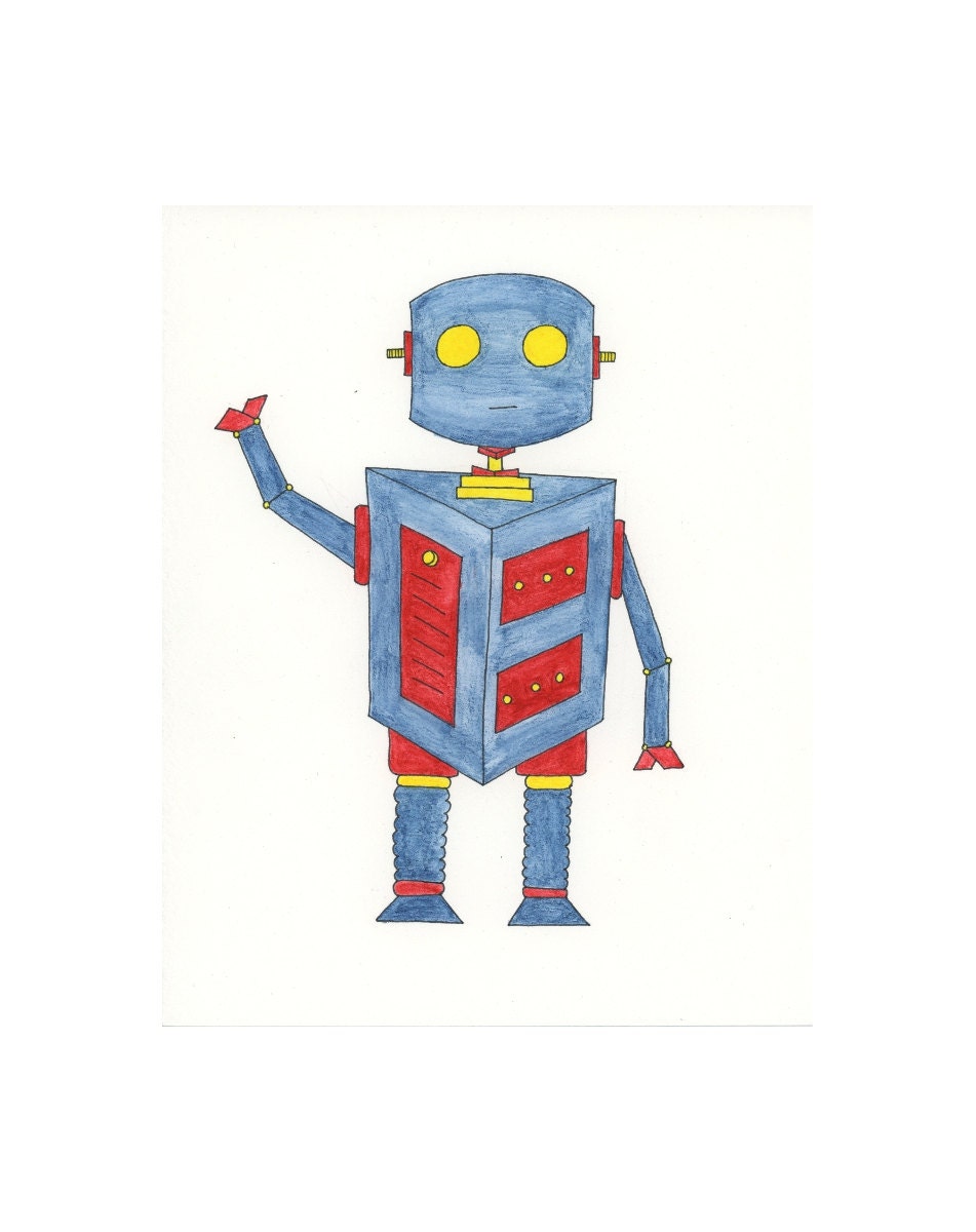 Original Painting, Ted The Robot, 8x10 Children Art