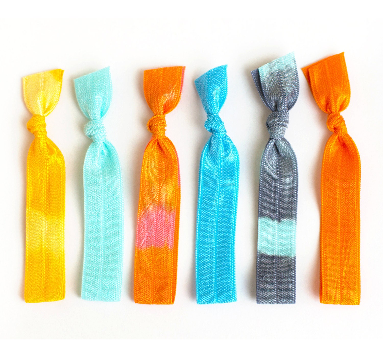 The Awake Tie Dye Hair Tie Package - 6 Turquoise and Orange Elastic Tie Dye Hair Ties that Double as Bracelets by Mane Message on Etsy