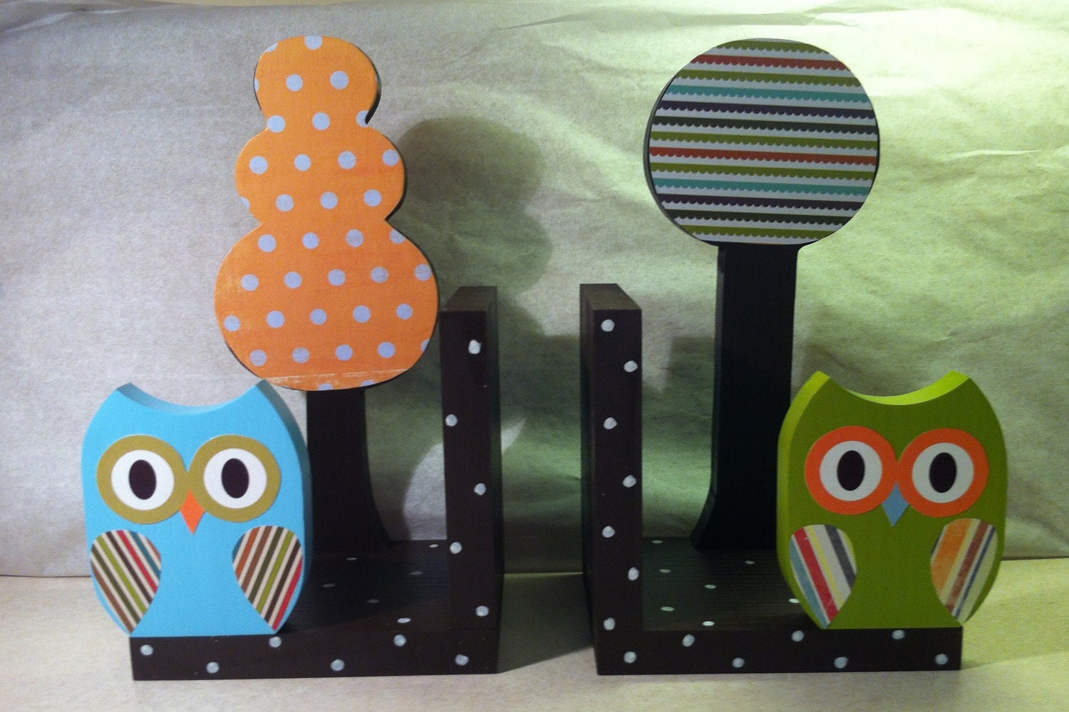 Bookends Wooden Owls and Trees Bookends