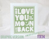 Children's room Posters and Prints, Wall Art, Moon and back, Typography, Raw Art Letterpress, home decor, nursery wall art