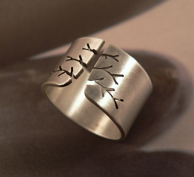 Autumn tree ring, Sterling silver ring, wide band ring, metalwork jewelry