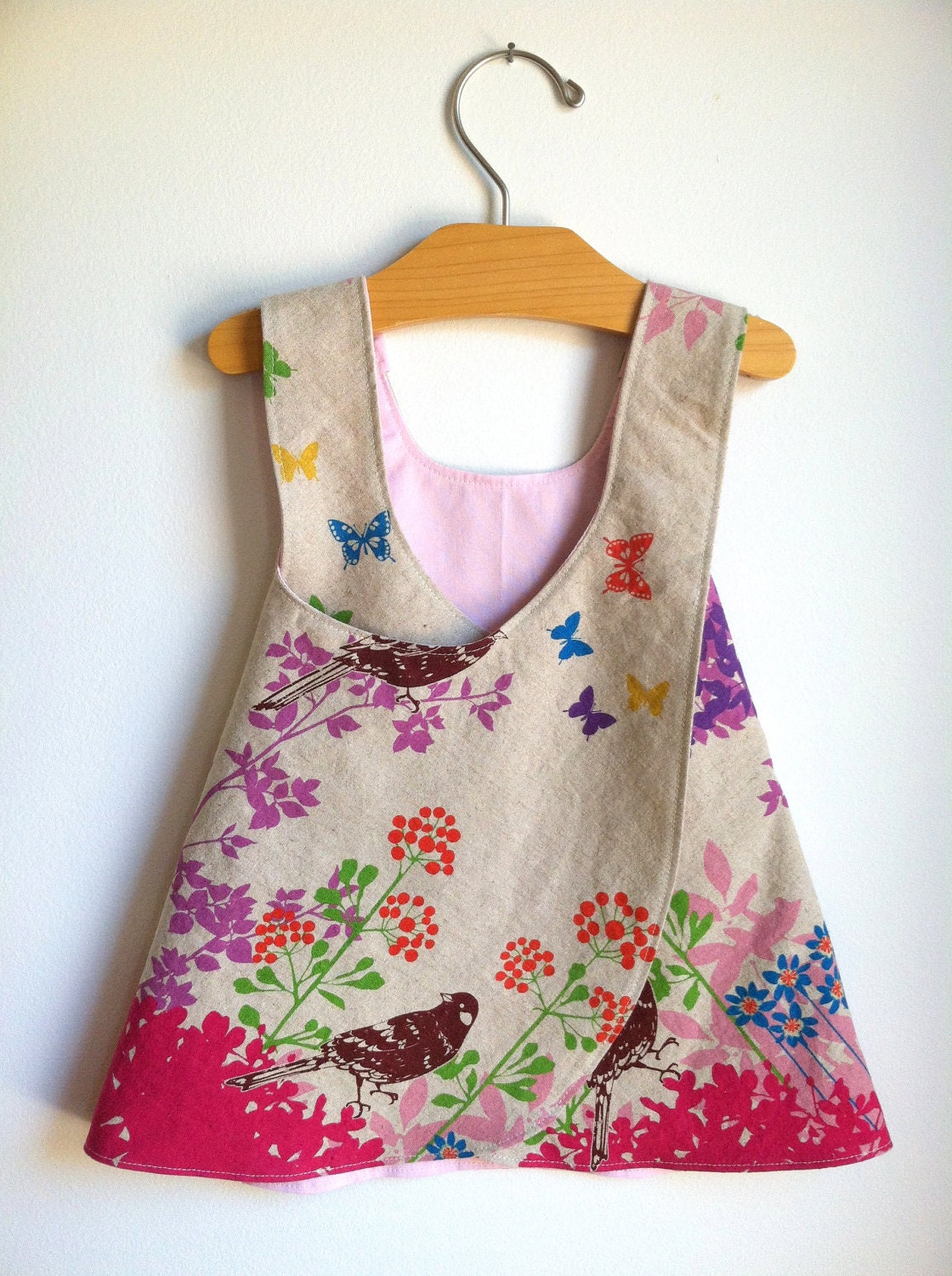 Wish Border Pink Birds Reversible Modern Pinafore Dress by Noah and Lilah - handmade pinnie - butterfly applique